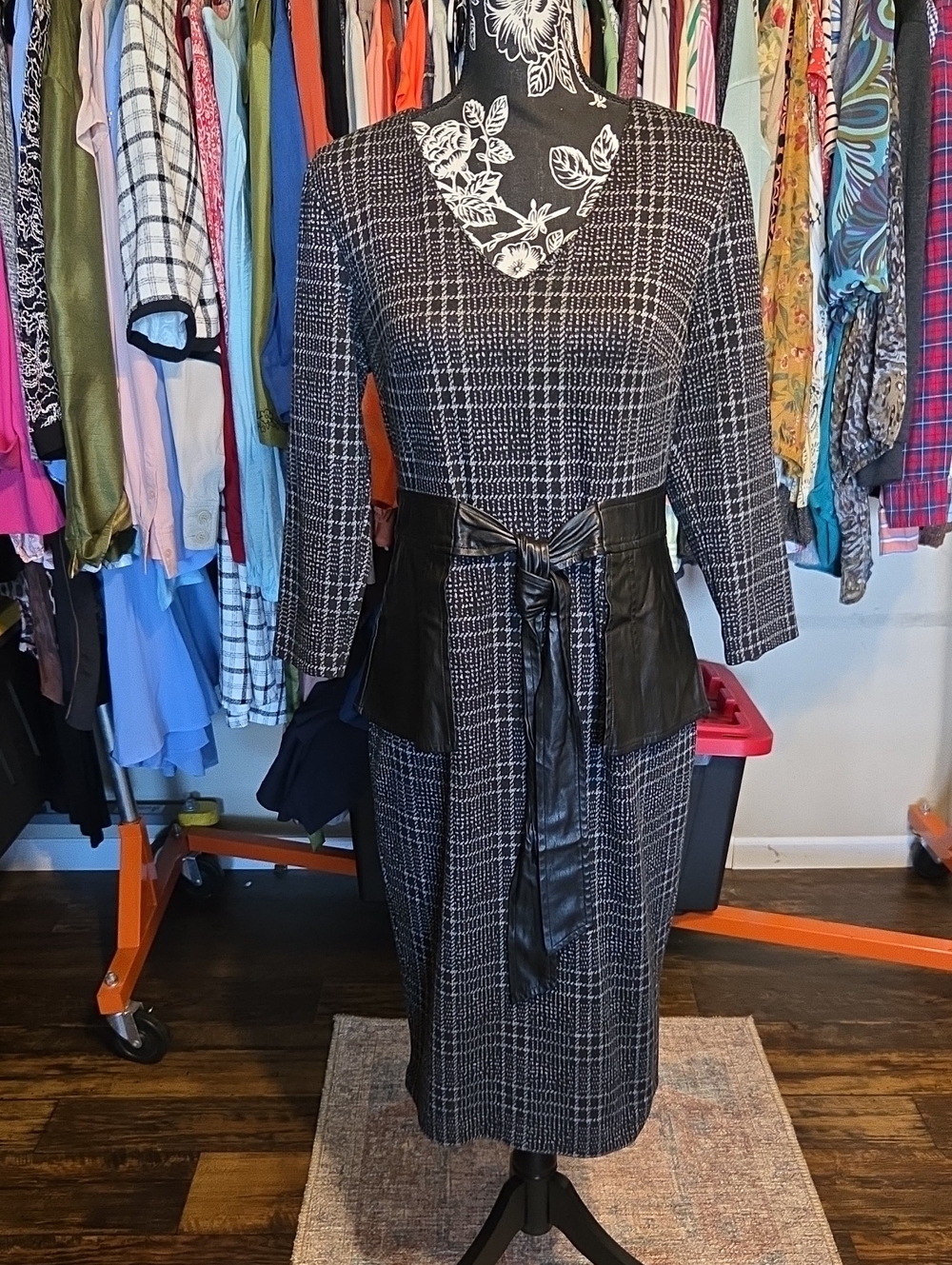 New York & Company Black and White Plaid Dress with Waist Detail